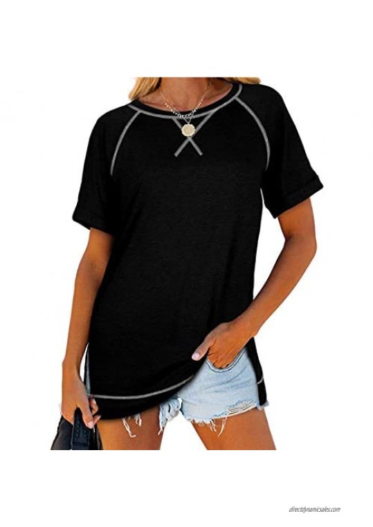Womens Summer Tops Short Sleeve Raglan T Shirts Casual Crew Neck Pure Color Side Split Tee Blouses