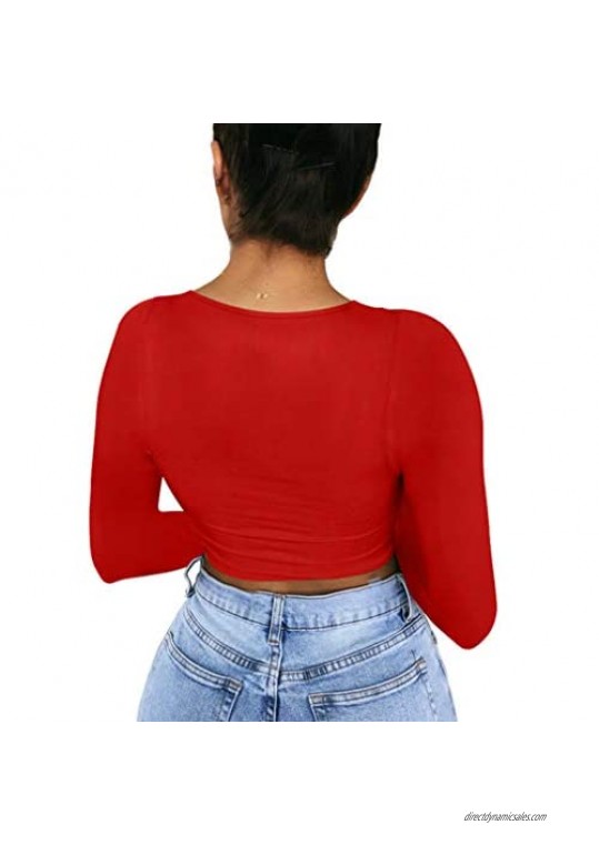 XXTAXN Women's Sexy Bodycon Fitted Square Neck Long Sleeve Basic T-Shirt Crop Top