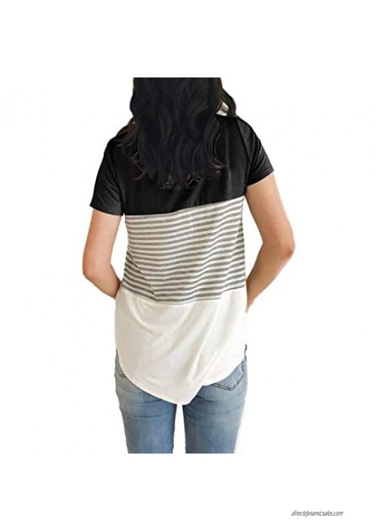 ZAWAPEMIA Womens Short Sleeve Tshirts Round Neck Triple Color Block Stripe T Shirts