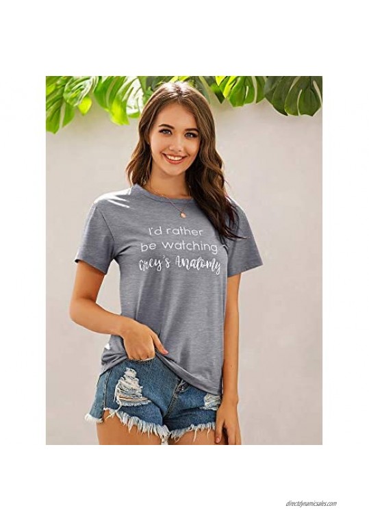 ZXH Women I'd Rather be Watching Grey's Anatomy Letter Print T-Shirt Short Sleeve Pullover Tops