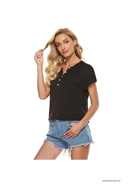 Alisally Womens Summer Casual Henley V-Neck Tshirts Short Sleeve T Shirts Loose Fit Tunic Tops with Pockets(S-XXL)