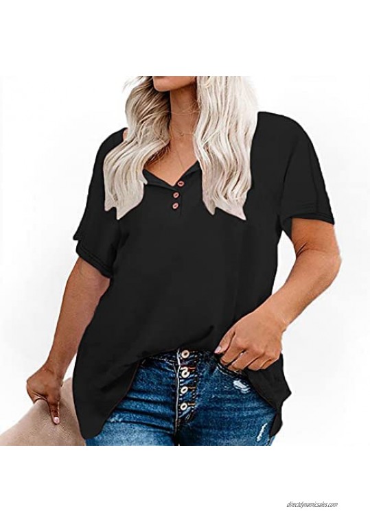 Allaruna Plus-Size Tops for Women Short Sleeve Henley Shirt Loose Tunics XL-5XL