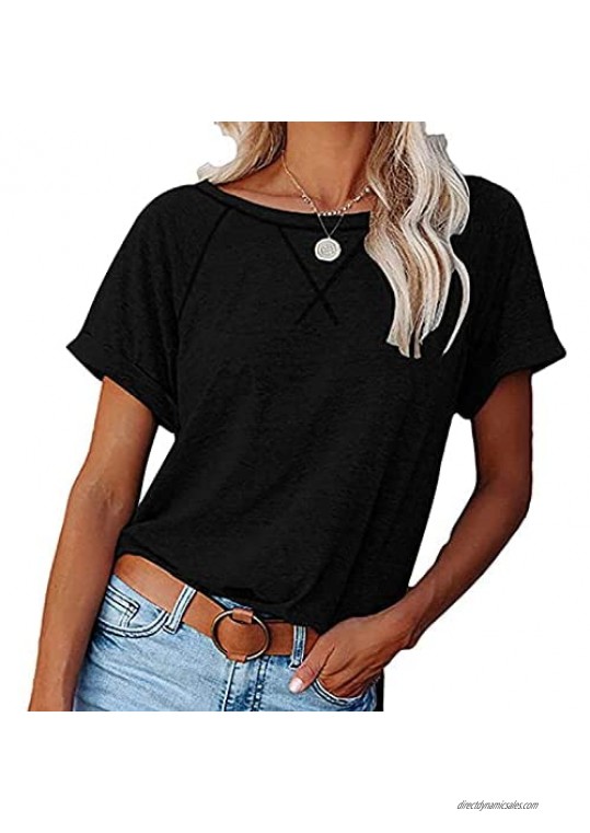 Basicspace Womens Summer Comfy Casual T Shirts Blouses Raglan Crewneck Color Block Short Sleeve Tunics