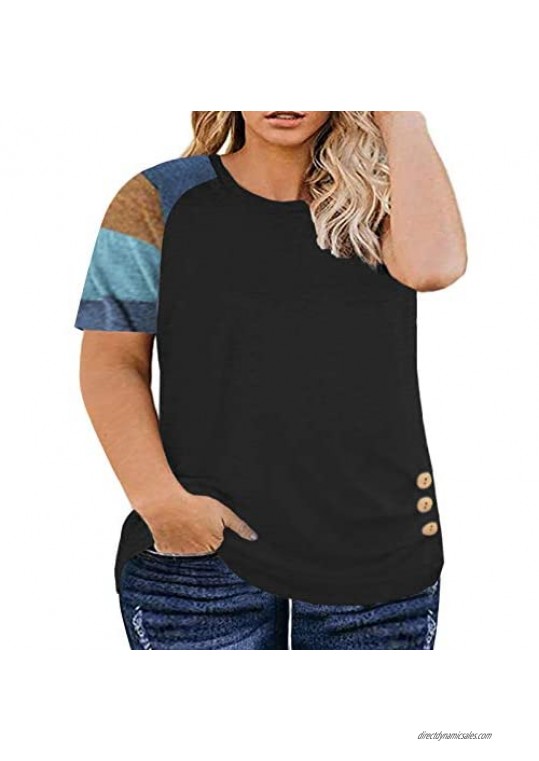 DOLNINE Womens Plus-Size Tops Summer Short Sleeve Color Block Shirts Buttons Tee