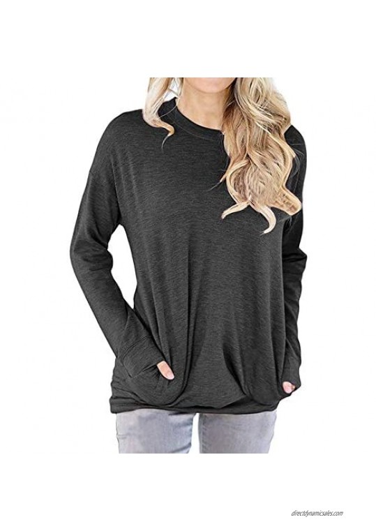 Dutebare Women Long Sleeve Round Neck Sweatshirt Pocket Pullover Loose Tunic Shirts Blouse Tops