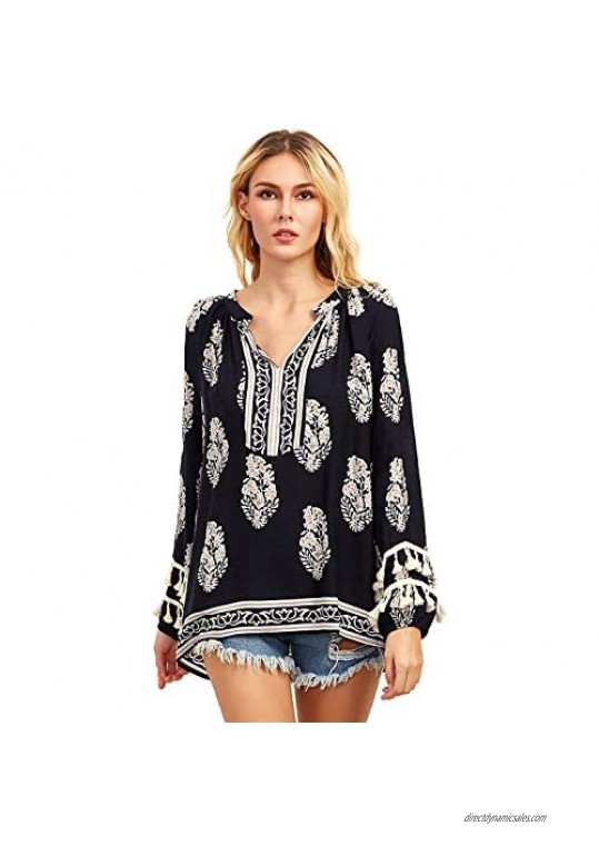 Floerns Women's Boho Mexican Print Loose Casual Long Sleeve Tunic Top Blouse