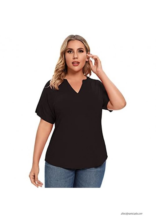Flzzvyn Womens Plus Size Batwing Short Sleeve Pullover Henley T-Shirt Casual Tops Summer Blouse