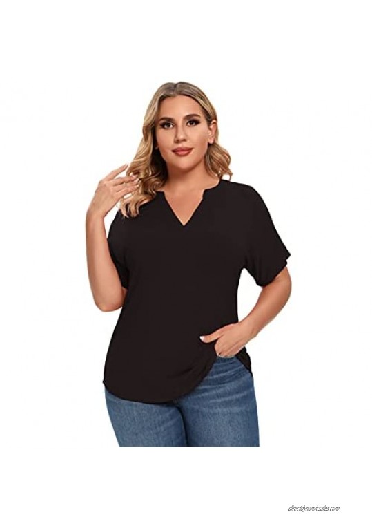 Flzzvyn Womens Plus Size Batwing Short Sleeve Pullover Henley T-Shirt Casual Tops Summer Blouse
