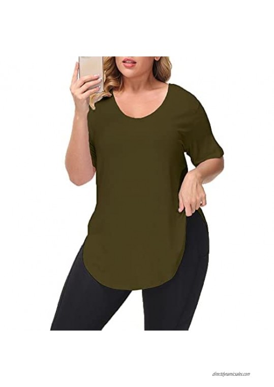 Gboomo Womens Plus Size Casual T Shirts High Split Short Sleeve Tops Scoop Collar Tee