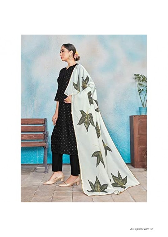 Indian Kurti for Womens With Pant & Dupatta | Rayon Foil Printed Long Kurta Partywear Kurtis For Women Tunic Tops