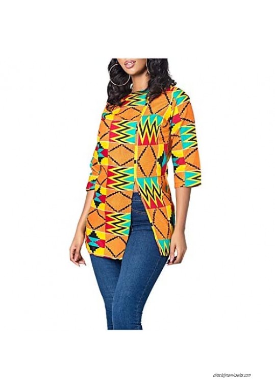 jascaela Women's Boho African Print 3/4 Sleeve Tops Loose Tunic Round Neck Dashiki Ankara Shirt Blouse