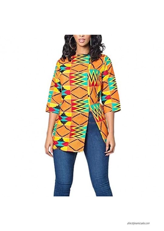 jascaela Women's Boho African Print 3/4 Sleeve Tops Loose Tunic Round Neck Dashiki Ankara Shirt Blouse