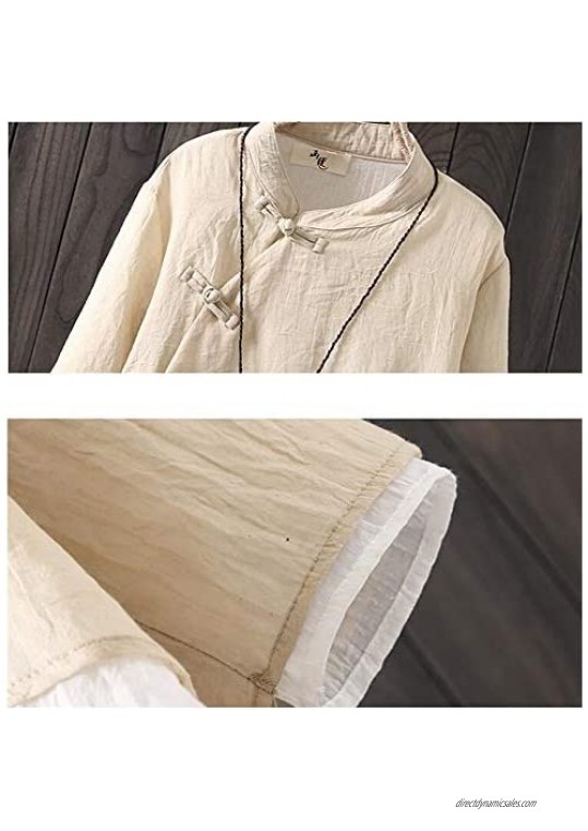 Kedera Women's Cotton Linen Retro Chinese Frog Button Tunic Layered Asymmetry Tees Blouse