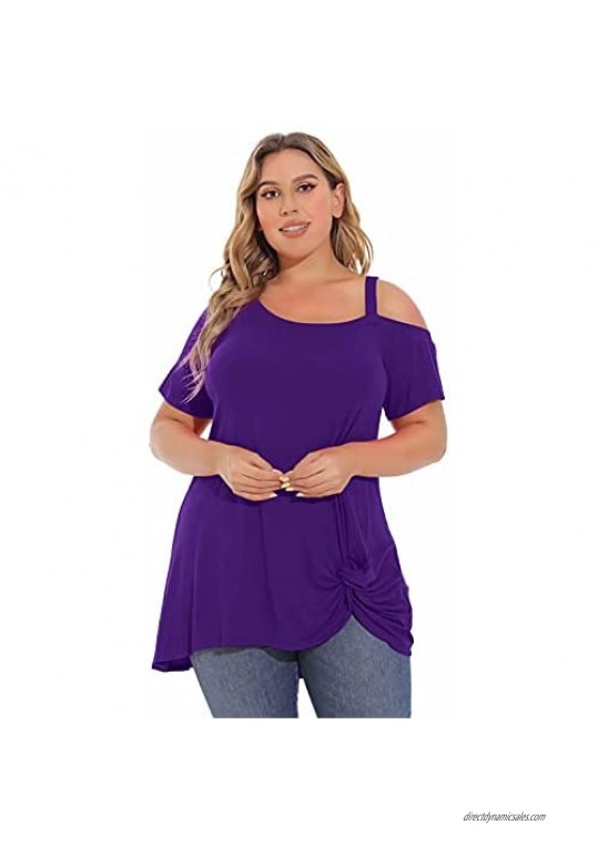 LARACE Off The Shoulder Tops for Women Plus Size Tunic Twist Knot T-shirt Short Sleeve Cold Shoulder Tee Summer Clothing