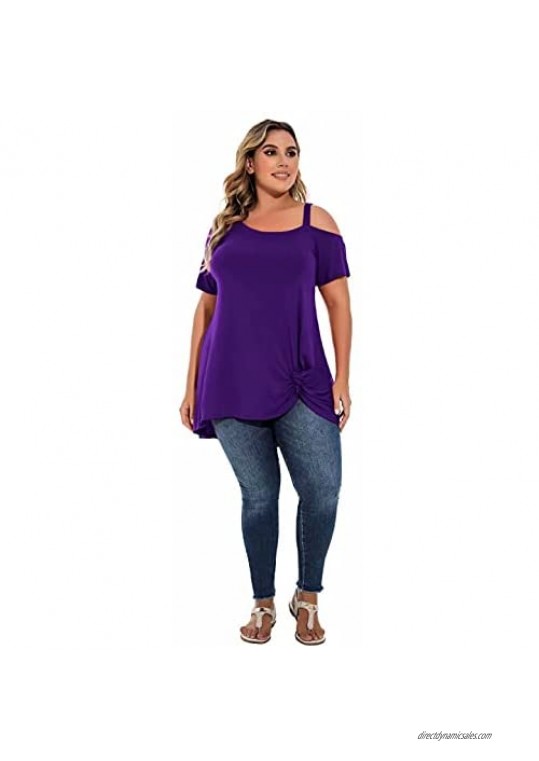 LARACE Off The Shoulder Tops for Women Plus Size Tunic Twist Knot T-shirt Short Sleeve Cold Shoulder Tee Summer Clothing