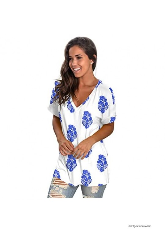 liher Womens Tshirt Casual V Neck Short Sleeve Shirt Print Loose Summer Tunic Tops