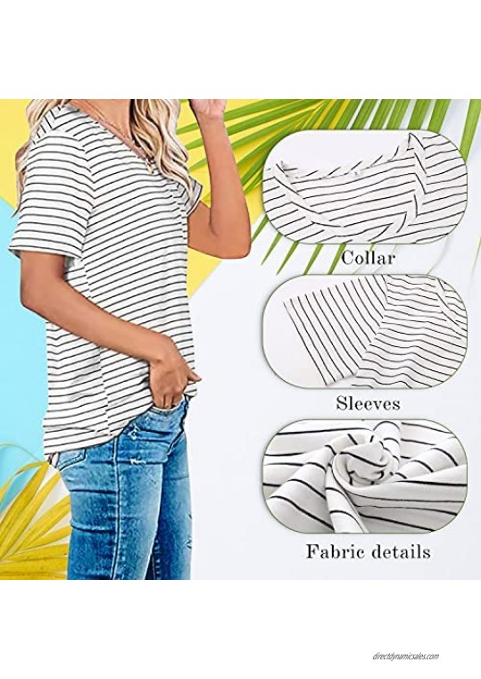 LILABIENE Womens Tops and Blouses Short Sleeve Crewneck Plain Summer Tunic Striped Shirt for Women with Pocket