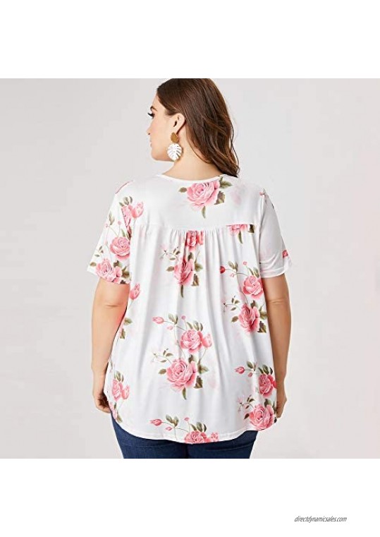 LZPZZ Women's Plus Size Tops Floral Blouses Henley V Neck Pleated Button Up Casual Tunic Ruffle Flowy Short Sleeve T Shirts