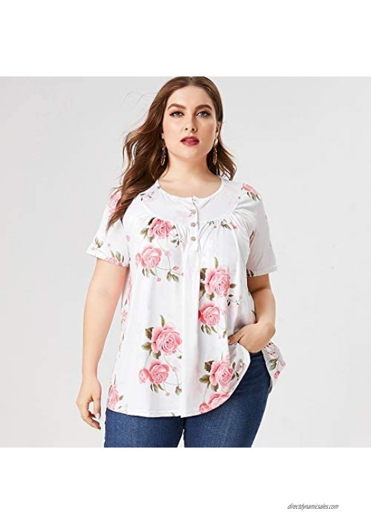 LZPZZ Women's Plus Size Tops Floral Blouses Henley V Neck Pleated Button Up Casual Tunic Ruffle Flowy Short Sleeve T Shirts