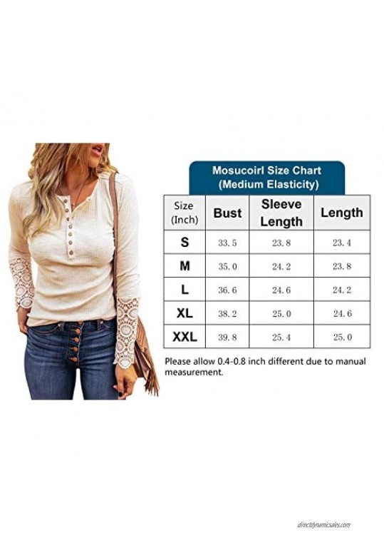 Mosucoirl Women's Casual Henley Tunic Top V Neck Button Down Slim Fit Shirts Ribbed Knit Long Sleeve with Lace Top Blouses