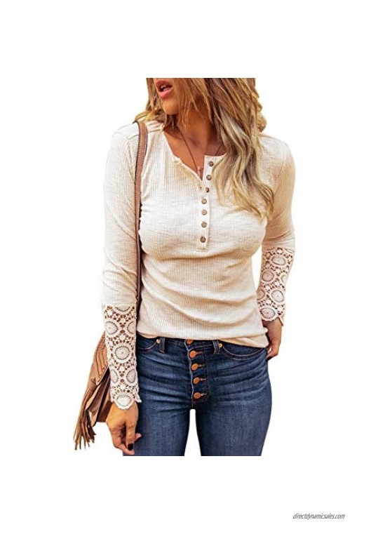 Mosucoirl Women's Casual Henley Tunic Top V Neck Button Down Slim Fit Shirts Ribbed Knit Long Sleeve with Lace Top Blouses