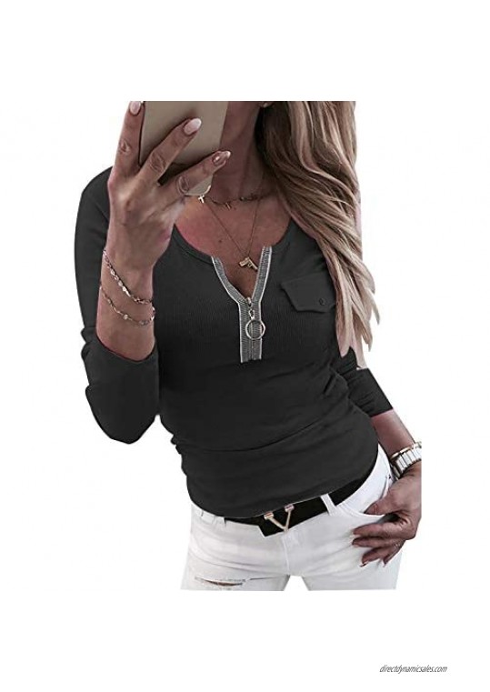 Nirovien Womens Long Sleeve Henley Shirts V Neck Ribbed Zipper Knit Sweater Solid Slim Tights Tunic Tops