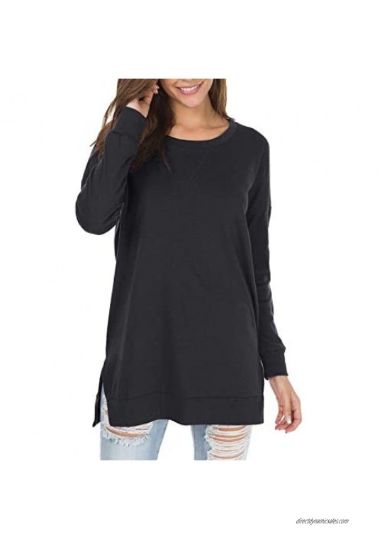 QiMei Women's Fall Summer Long Sleeve Side Split Loose Casual Pullover Tunic Tops