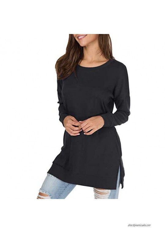 QiMei Women's Fall Summer Long Sleeve Side Split Loose Casual Pullover Tunic Tops