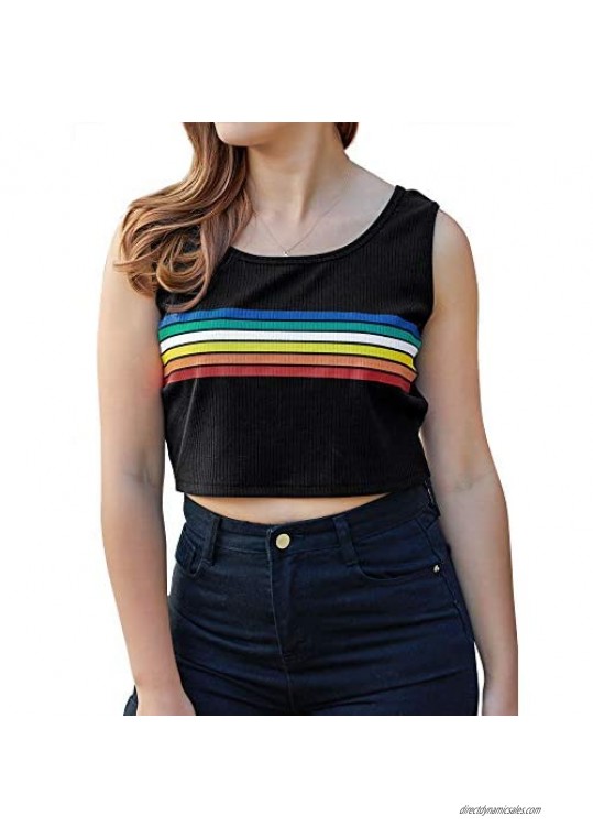 RMCMS Women’s Summer Tunic Top  Rainbow Color Block Slim Fit Crop Top  Comfy Cutting Striped Shirt