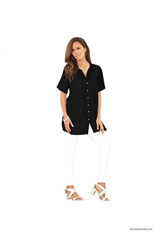 Roaman's Women's Plus Size Short-Sleeve Angelina Tunic Long Button Front Shirt