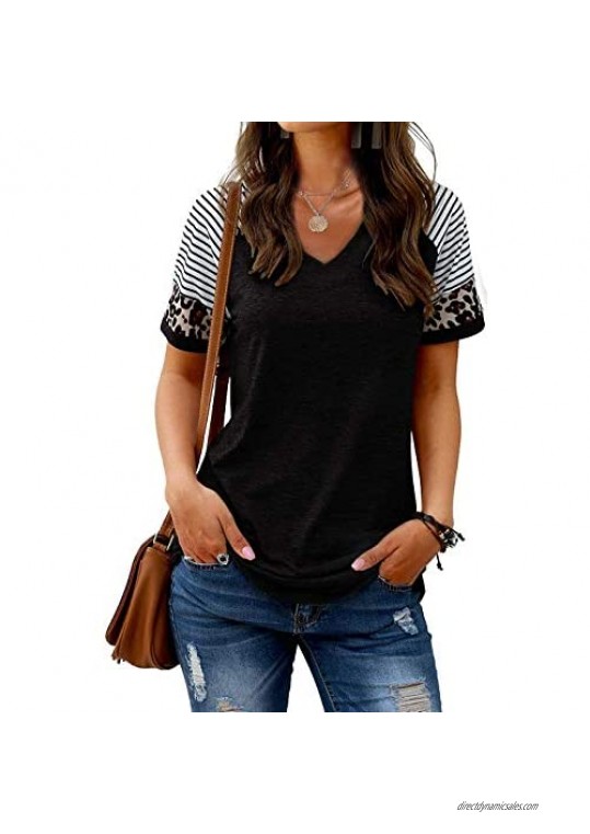Summer Tops for Womens Short Sleeves T Shirts V Neck Loose Top Strips Raglan Leopard Tunic Tee