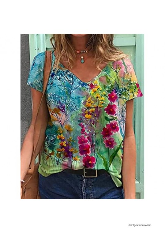 Summer Women Casual Graphic Tunic Vintage Floral Printing T Shirt Funny Cute Short Sleeve V Neck Blouse Loose Top