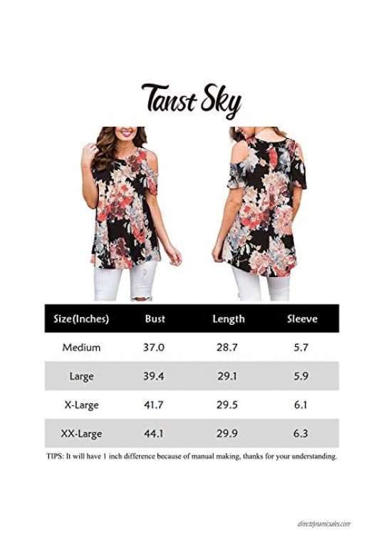 Tanst Sky Womens Cold Shoulder Shirt Round Neck Short Sleeve Summer Tunics Tops
