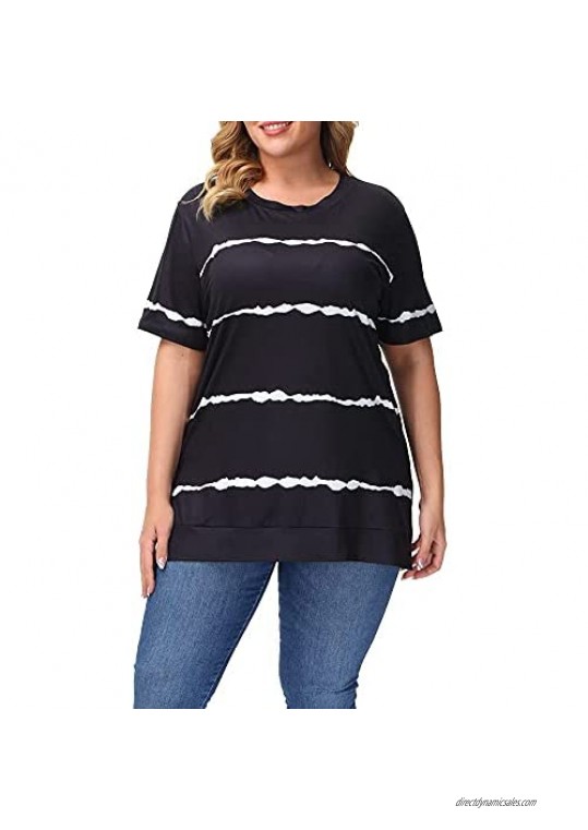 Uoohal Plus Size Tops Womens Casual Summer Floral Striped Short Sleeve Shirts