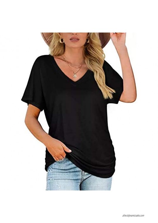 Veatzaer Womens V Neck Short Sleeve T Shirt with Side Shirring Solid Loose Shirts Tops