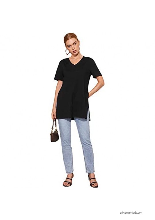 Verdusa Women's Casual Split Side V Neck T-Shirt Longline Tunic Tee Top
