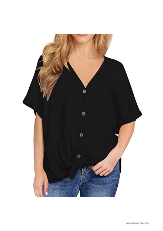 VIISHOW Womens Waffle Knit Tunic Blouse Short Sleeve V Neck Button Down T Shirts Casual Tie Front Knot Henley Tops