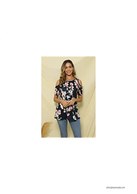Viracy Womens Cold Shoulder Shirts Short Sleeve Casual Floral Tunic Tops