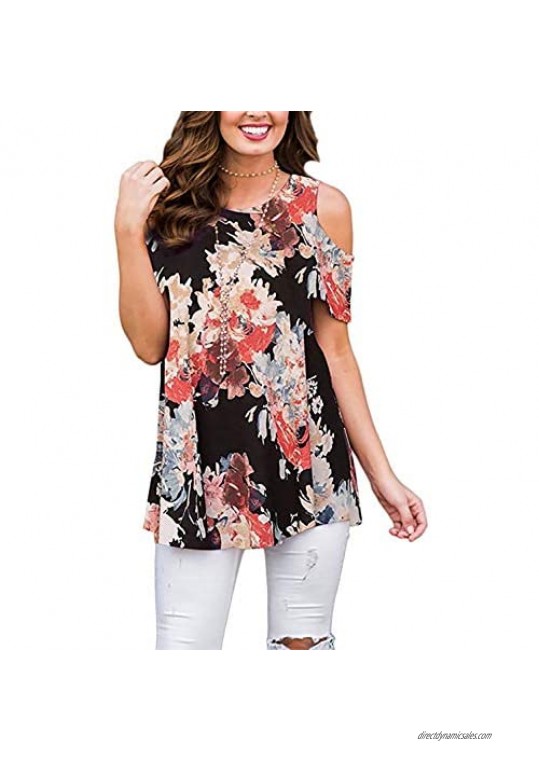 Viracy Womens Cold Shoulder Shirts Short Sleeve Casual Floral Tunic Tops