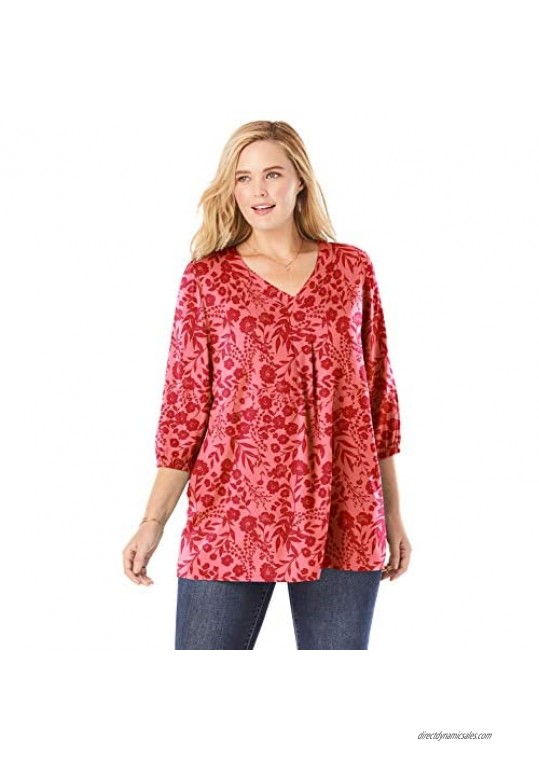 Woman Within Women's Plus Size Pleat-Front Tunic With Three-Quarter Sleeves