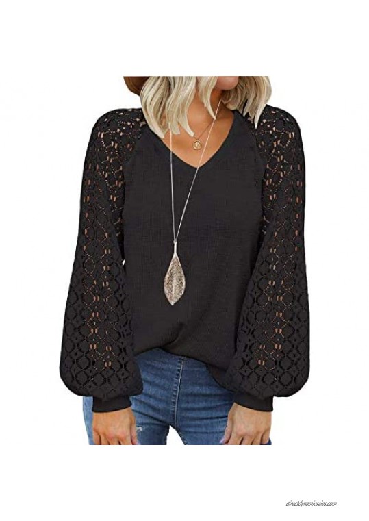 Womens Casual V Neck Short Sleeve with Hollow Out Lace Raglan Blouse Tops Balloon Sleeve Tunic Shirts Pullover