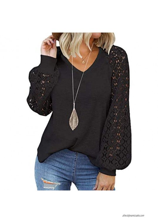 Womens Casual V Neck Short Sleeve with Hollow Out Lace Raglan Blouse Tops Balloon Sleeve Tunic Shirts Pullover