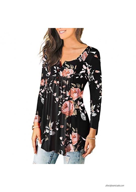 Women's Paisley Printed Button Top Long Sleeve V Neck Pleated Casual Flare Tunic Loose Blouse Shirt