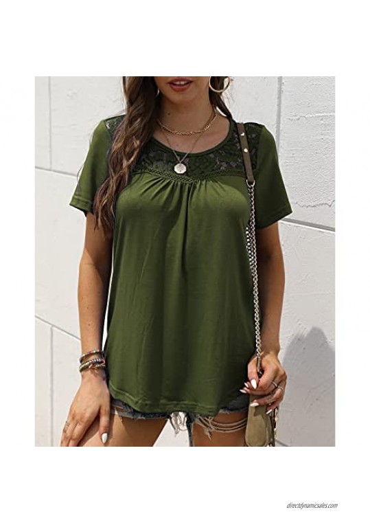 Women's Plus Size Summer Tops Short Sleeve Shirts Lace Pleated Casual Tunic Tops Blouses
