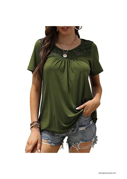 Women's Plus Size Summer Tops Short Sleeve Shirts Lace Pleated Casual Tunic Tops Blouses