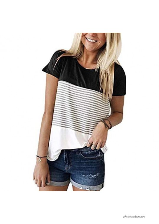 Women's Round Neck Color Block Striped T-Shirt Short Sleeve Casual Loose Tunic Blouse and Tops