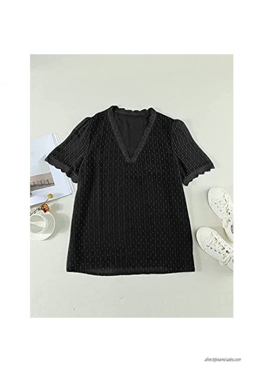 Women's Summer Casual Puff Sleeve Tops Blouses V Neck Lace Crochet Shirts Tunic