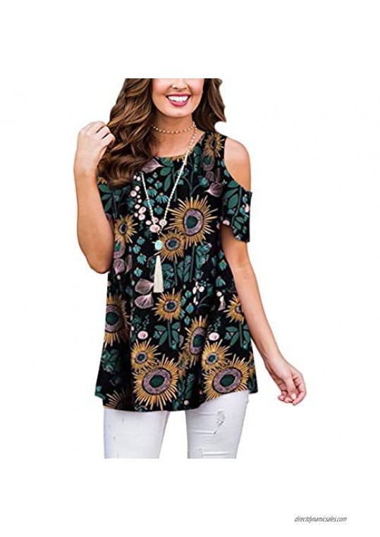 Womens Summer Cold Shoulder Shirts Short Sleeve Floral Printed Casual Loose Swing Tunic Blouse Tops