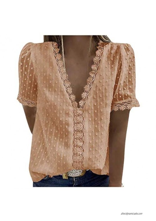 Women's V Neck Short Sleeve Lace Shirts Blouses Vintage Casual Loose Tunic Tops