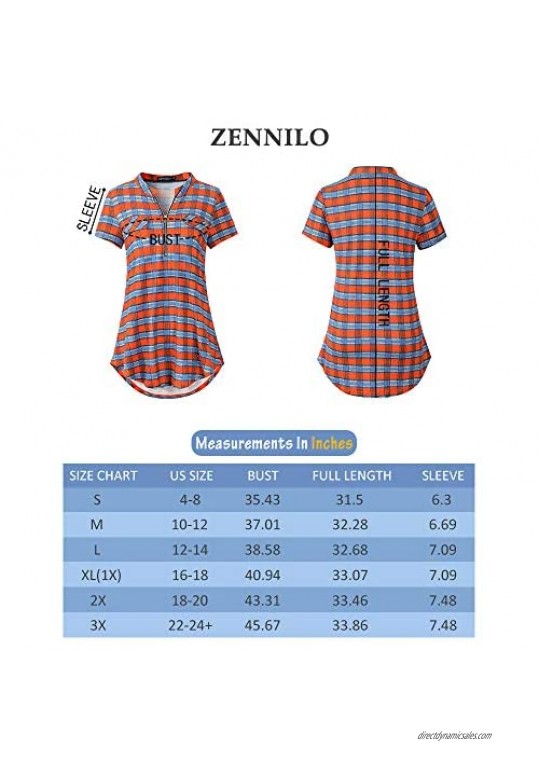 ZENNILO Women's Shirt Zip Plaid V Neck Short Sleeve Casual Summer Tunic Tops Blouse